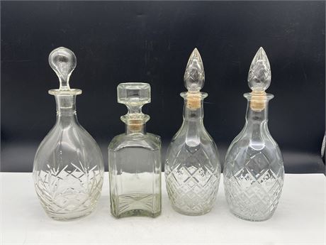 4 VINTAGE GLASS / CRYSTAL DECANTERS - 12”