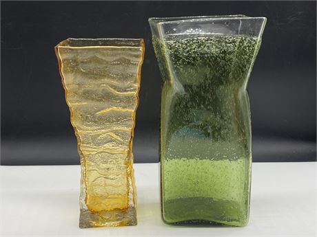 2 VINTAGE VASES - HAND BLOWN FROM PCR (13”X6”) + AMBER GLASS