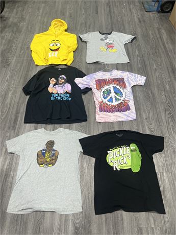 6 MISC GRAPHIC T SHIRTS / HOODIE - SIZES L - XXL