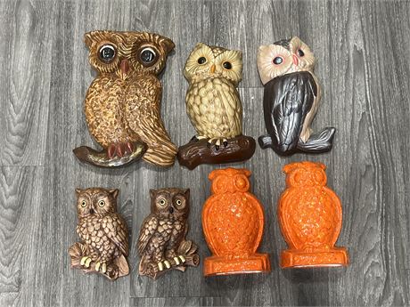LOT OF MCM CHALKWARE & CERAMIC OWLS - LARGEST IS 12”