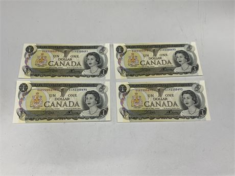 4 UNCIRCULATED SEQUENCED 1973 CDN $1 BILLS