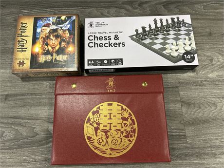 HARRY POTTER PUZZLE, TRAVEL CHESS AND CHECKER SET, MEJONG SET NEW
