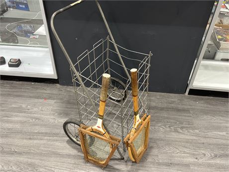 2 VINTAGE TENNIS RACKETS AND SHOPPING CART