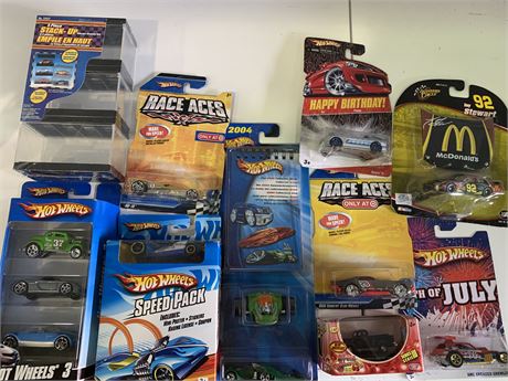 NEW MISC TOY CARS (hot wheels, motor max) INCLUDES A DISPLAY CASE