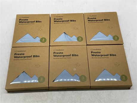6 BOXES OF NEW KEABABIES PRESTO WATERPROOF BIBS (3/BOX, 18 TOTAL)