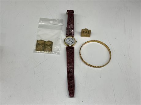 CARTIER WATCH, 2 GOLD PLATED BARS, BANGLE & PIN