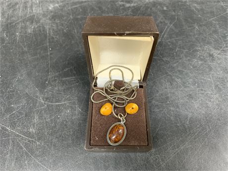 VINTAGE STERLING SILVER W/AMBER NECKLACE + EARRINGS SET