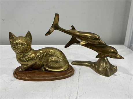 VINTAGE BRASS CAT & DOLPHINS (10” wide)