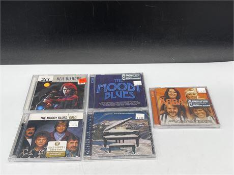 5 SEALED CDS - MOODY BLUES, SUPER TRAMP, ABBA & ECT