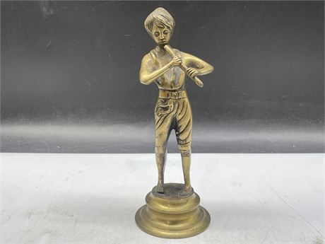 EARLY BRASS BOY PLAYING FLUTE STATUE - 10” TALL