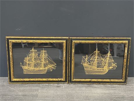 2 VINTAGE GOLD ON SILVER SHIPS THE GOLDEN HIND & THE ENDEAVOUR BARK (12”X15”)