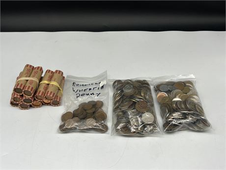 LOT OF MISC WORLD COINS, AMERICAN WHEAT PENNIES & CANADIAN PENNIES