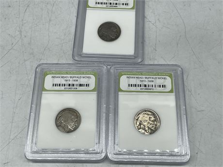 3 1913-1938 INDIAN HEAD / BUFFALO NICKEL (EXACT YEAR OF COINS UNKNOWN)