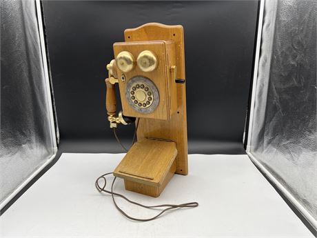 VINTAGE WOODEN TELEPHONE - 19”x7”x7”