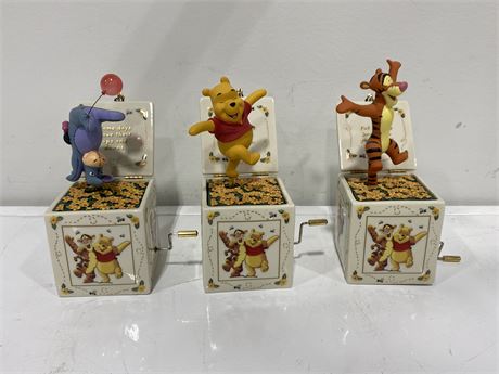 3 LIMITED EDITION DISNEY WIND UP MUSIC BOXES - POOH, EEYORE, TIGGER