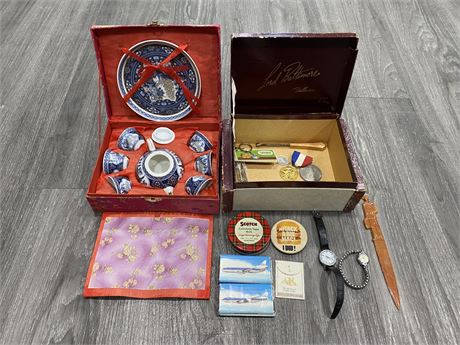 LOT OF COLLECTABLES - MINI CHINESE TEA SET, WATCHES, PINS ETC.
