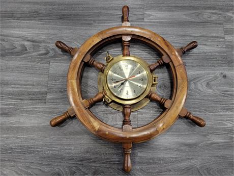 VINTAGE WOOD AND BRASS SHIP WHEEL CLOCK (25")