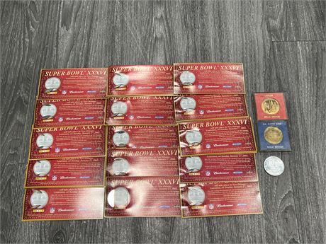 15/15 COLLECTABLE SUPER BOWL ROYAL CANADIAN MINT COINS + 2 BRONZE COINS & ECT