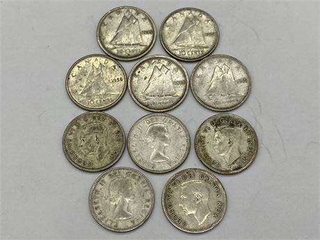 10 CANADIAN SILVER DIMES 1939-1959