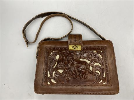 HAND TOOLED LEATHER BULLFIGHTER PURSE - MEXICAN VINTAGE