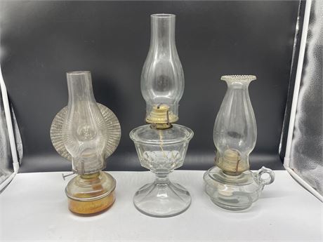 3 VINTAGE GLASS OIL LAMPS - LARGEST IS 17” TALL