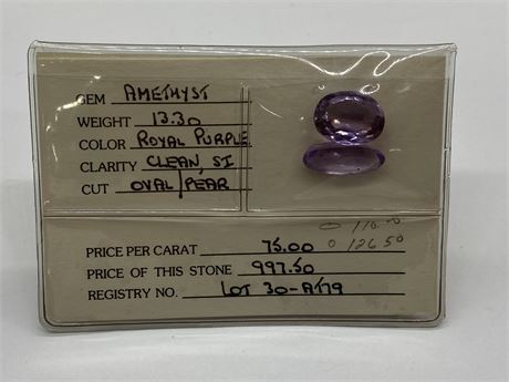 ESTATE 13.30CT NATURAL EARTH MINED QUALITY AMETHYST - RETAIL $997.50