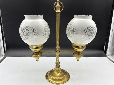 ANTIQUE STYLE DOUBLE BRASS CANDLE HOLDER W/FROSTED SHADES (15” TALL)