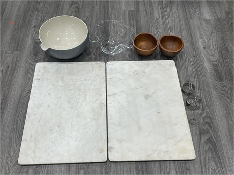 2 MARBLE SERVING TRAYS W/ MIXING BOWLS & COOKIE CUTTERS