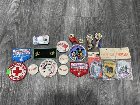 LOT OF MISC VINTAGE BUTTONS / PATCHES