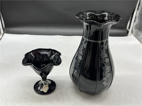 BLACK AMETHYST DISH & BLACK GLASS VASE (11” tall)