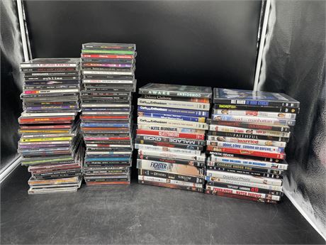 ASSORTED DVDS / CDS (CDS HAVE A LOT OF ROCK - SOME RAP)