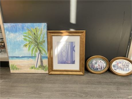 SIGNED CANVAS BEACH ART, PICTURE FRAME, & 2 OVAL FRAMED ART LARGEST 16”x20”