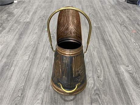 VINTAGE COPPER / BRASS COAL ASH SCUTTLE BUCKET - VERY DETAILS (21” TALL)