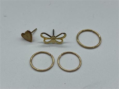 5 PIECES OF GOLD EARRINGS - ONE MARKED 10K