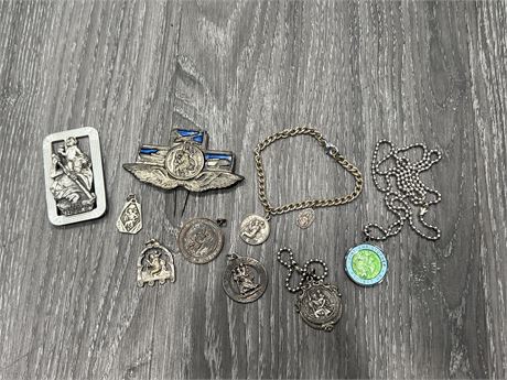 ST.CHRISTOPHER PATRON OF TRAVELLERS AUTO VISOR CLIPS, MEDALS & SURFER NECKLACE