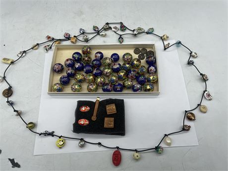 VINTAGE CHINESE CLOISONNÉ BEADS, NECKLACE, CUFFLINKS + TIE BAR