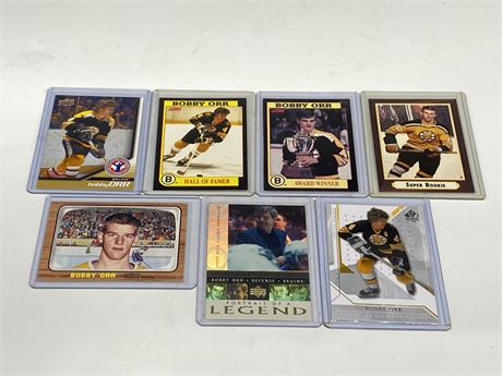 7 BOBBY ORR CARDS (Includes rookie reprint)