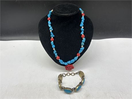 VINTAGE MEXICAN BRACELET & TURQUOISE RED CORAL NECKLACE