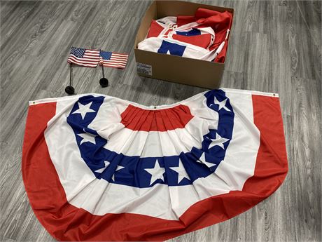 17 PCS OF NEW AMERICAN BUNTING (6ftx3ft) & 2 SMALL AMERICAN FLAGS