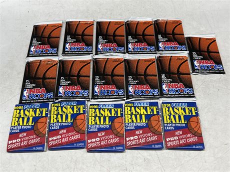 (11) 1991/92 NBA HOOPS SEALED PACKS & (5) 1991 FLEER NBA SEALED WAX PACKS