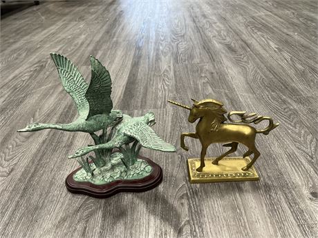 BRASS UNICORN + METAL FLYING GEESE STATUES 7”/10”