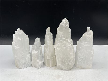 5 SELENITE TOWERS - LARGEST IS 8” TALL