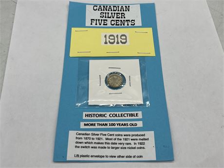1919 CDN 5 CENTS SILVER COIN