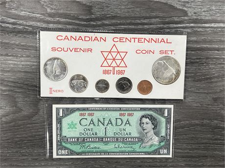 1867-1967 CANADIAN CENTENNIAL COIN SET + MINT 1967 CANADIAN $1 BILL