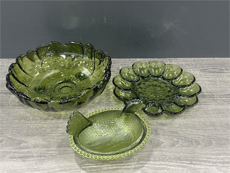 3 VINTAGE GREEN GLASS DISHES / BOWLS - LARGEST IS 11”