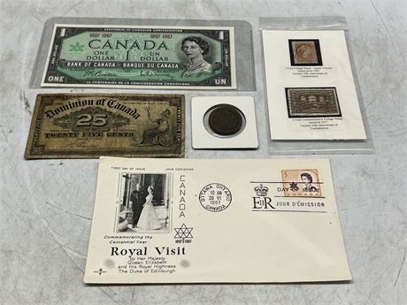 VINTAGE CDN CURRENCY, STAMPS & FIRST DAY ISSUE