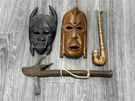2 AFRICAN MASKS, HAND MADE AXE & LARGE PIPE
