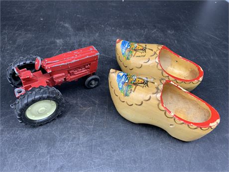 VINTAGE DIE CAST TRACTOR & SMALL PAIR OF WOODEN CLOGS