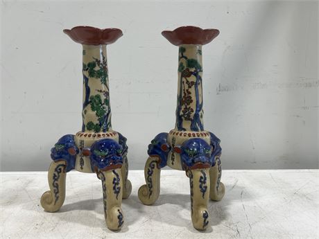 VINTAGE PAIR CHINESE CANDLE HOLDERS - 12” TALL