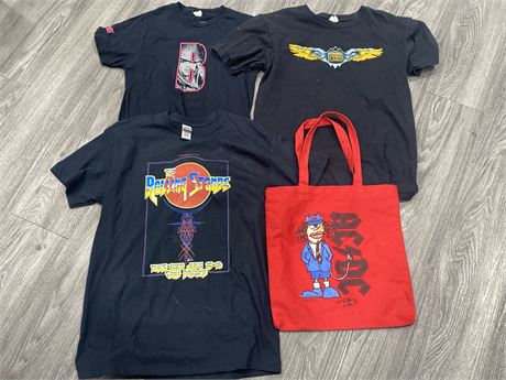 3 BAND TEES SIZE S/M AND VINTAGE ACDC TOTE BAG